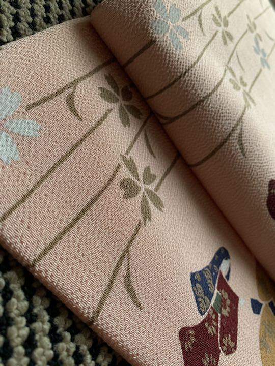 正絹 珊瑚色 ちりめん名古屋帯 人形 単品M