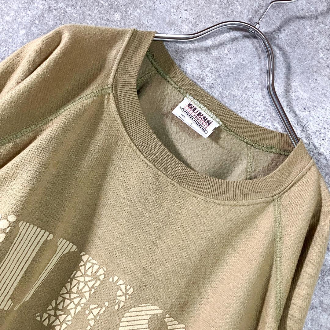 90s GUESS　トレーナー　スウェット　カーキ　　ロゴ　裏起毛　アメリカ製