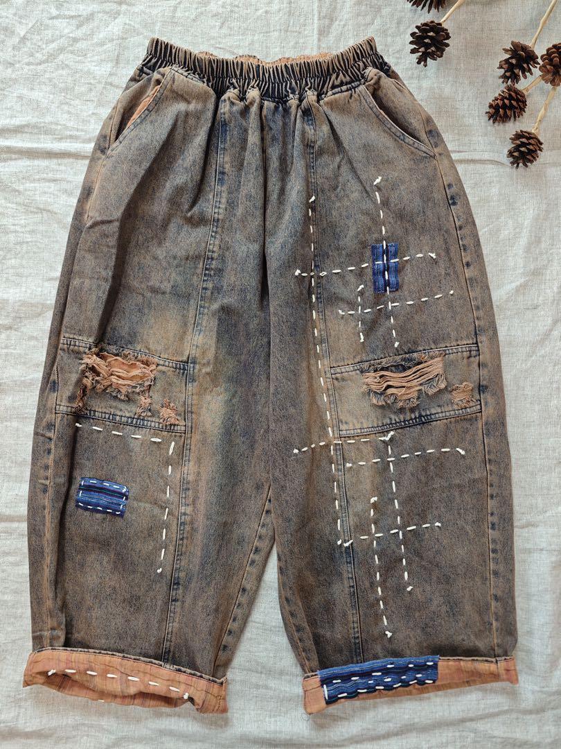 襤褸 刺し子 デニム サルエルパンツ パッチワーク ゆったり 個性