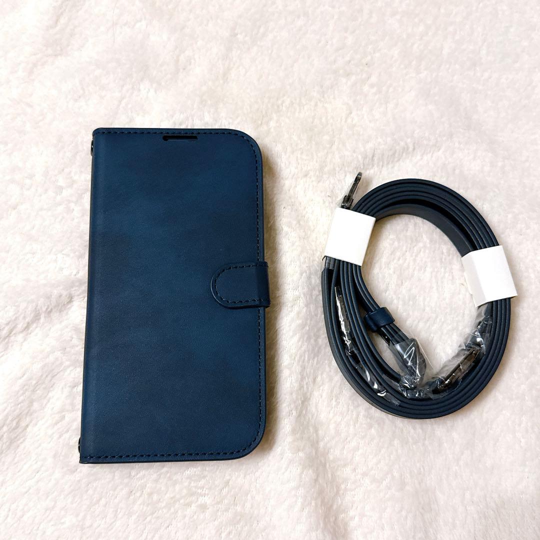 iPhone 15Pro 手帳型ケース ネイビー ショルダー付き カード収納