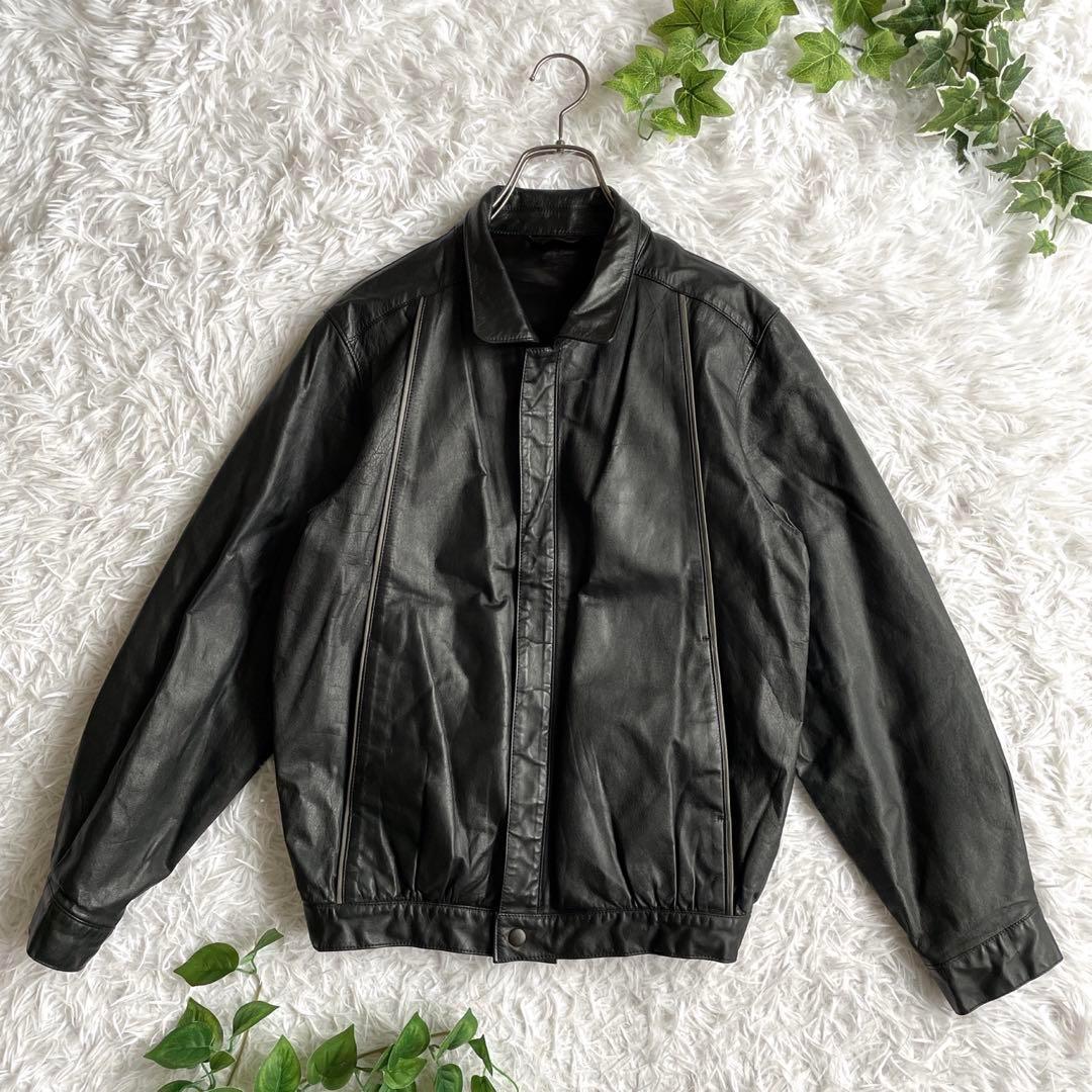 日本製　古着　レザージャケット　ブルゾン　本革　ジップ　牛革　革ジャン　黒　L