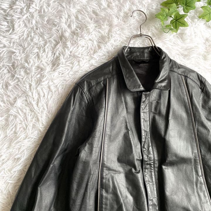 日本製　古着　レザージャケット　ブルゾン　本革　ジップ　牛革　革ジャン　黒　L