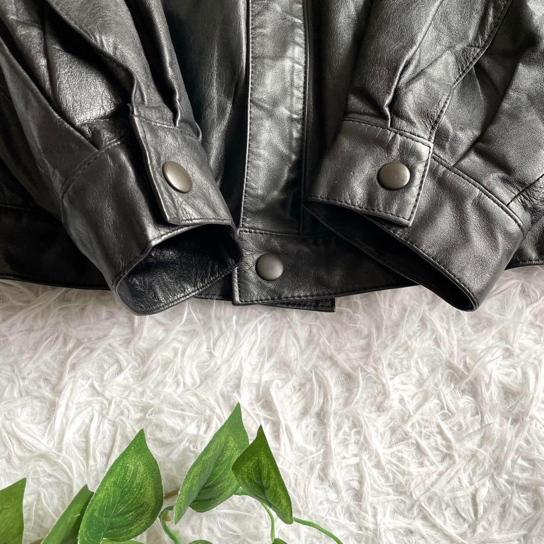 日本製　古着　レザージャケット　ブルゾン　本革　ジップ　牛革　革ジャン　黒　L