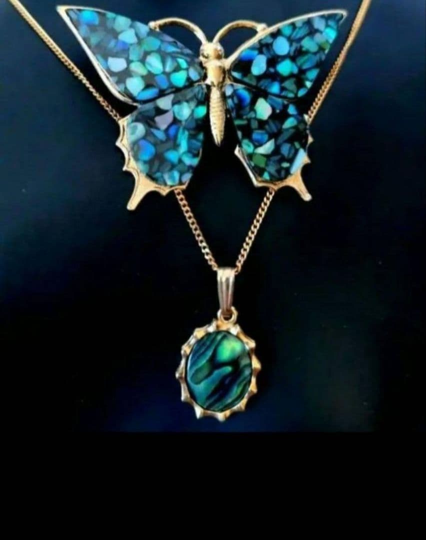 アバロンシェル モザイク ネックレス バタフライ 蝶 ブローチ 2点 461