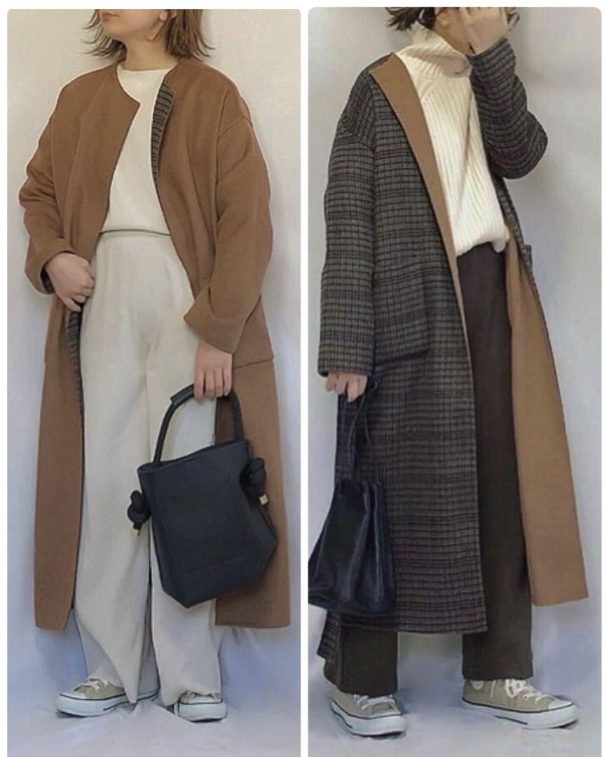 DOORS◆ドアーズ◆2WAYリバーシブルウールガウンチェックコート◆キャメル系