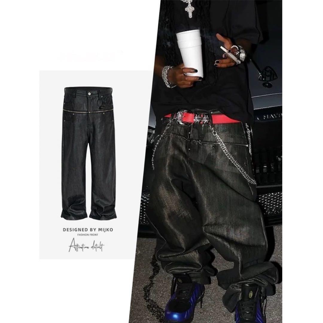 コーティング　ジップギミック　ストレートパンツ