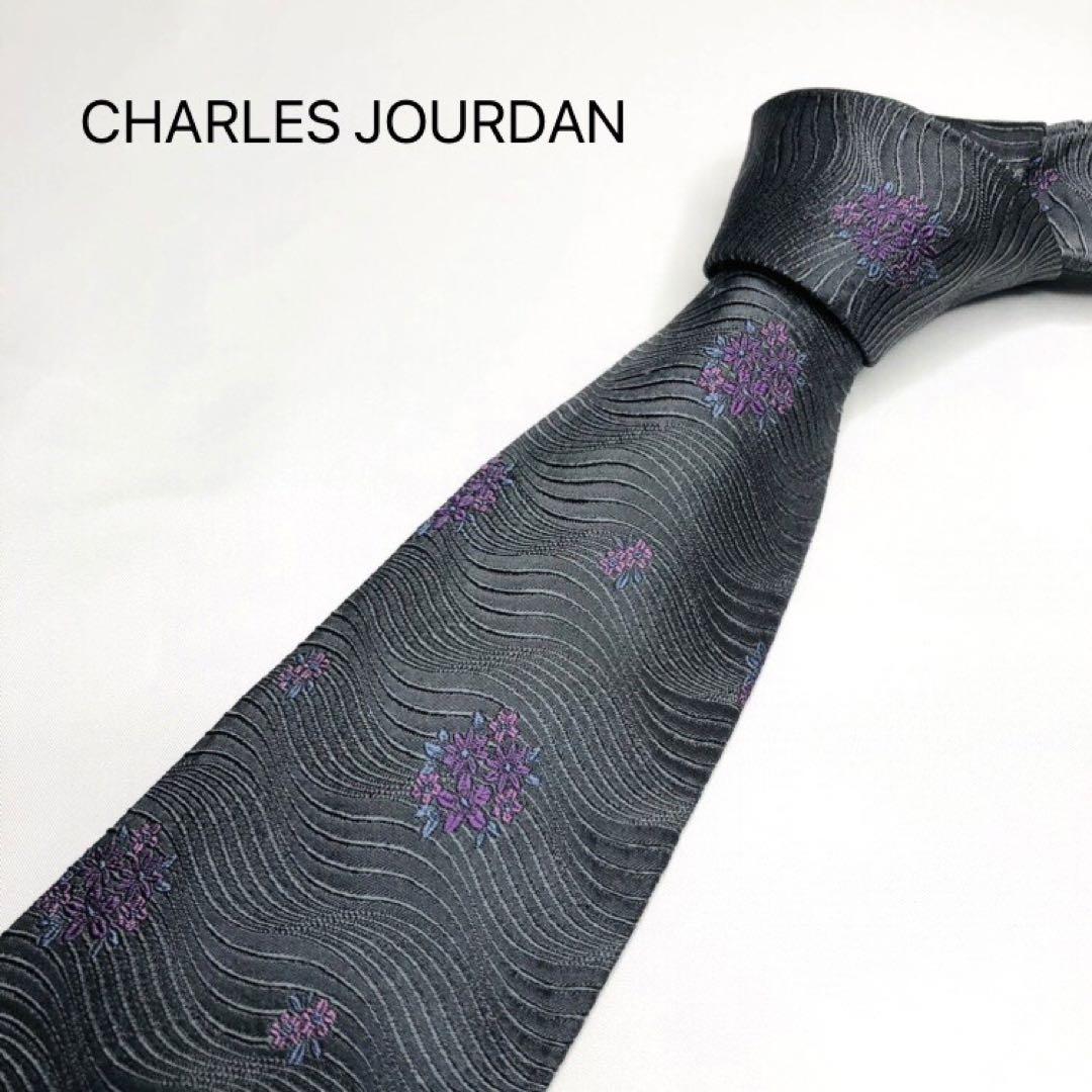 CHARLES JOURDANネクタイ グレー パープル花柄 高級シルク100