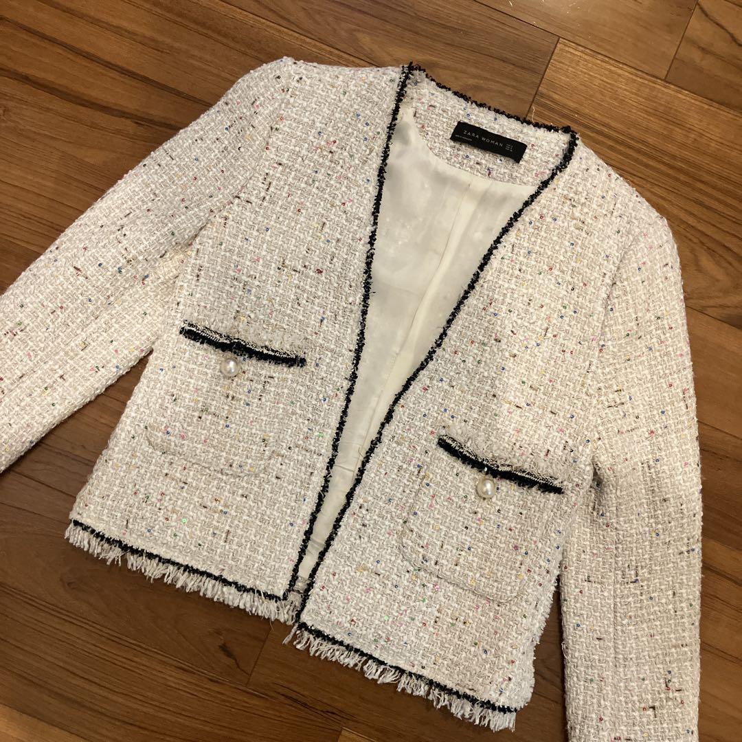 ZARA スパンコール　パール付き　ツイードジャケット