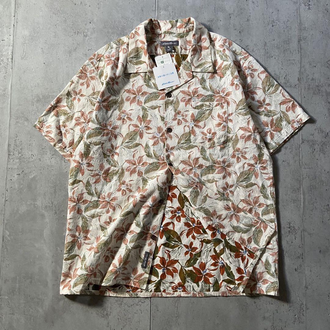 新品タグ付き eddie bauer レーヨン混 半袖 開襟 シャツ 花 M