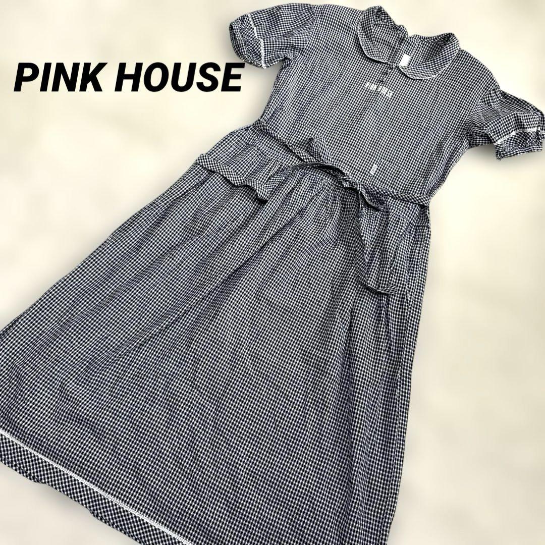 PINK HOUSE ピンクハウスシャツワンピースフリル　リボンチェックロング丈