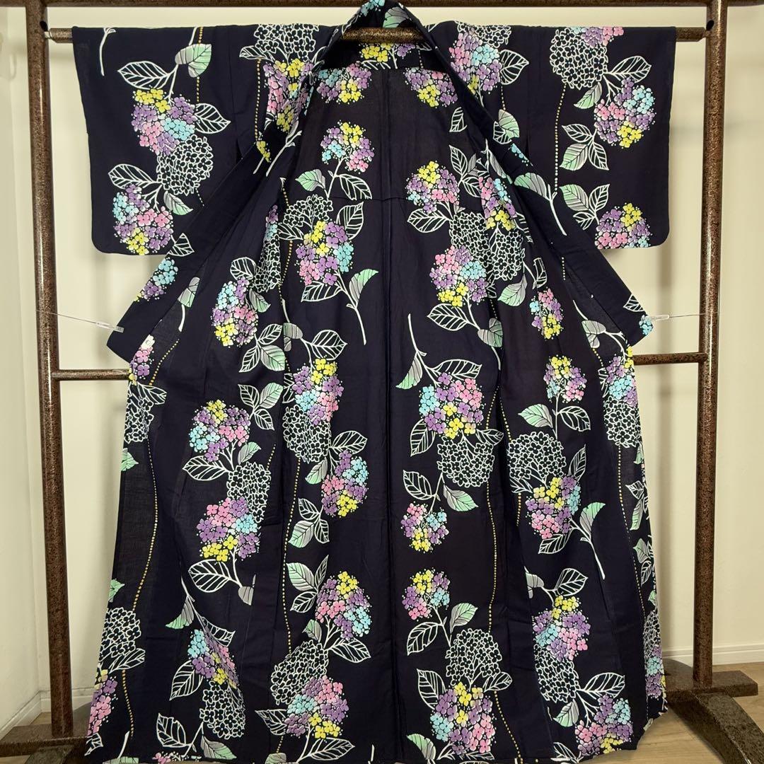 しつけ付き　コーマ　本染　浴衣 着物　夏物　165 三越　紺　紫陽花　トール しつけ付き コーマ 本染 浴衣 着物 夏物 165 三越 紺 紫陽花