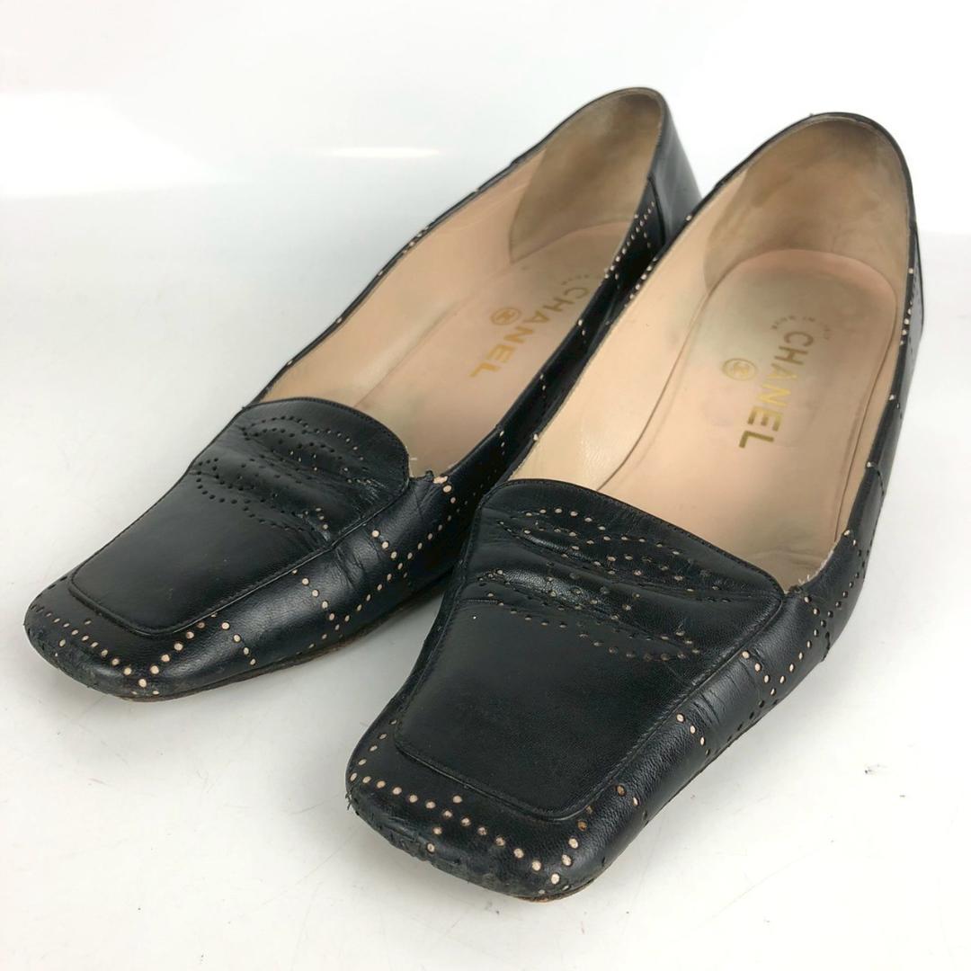 CHANEL シャネル スクエアトゥ ローファー パンチング レザー 黒