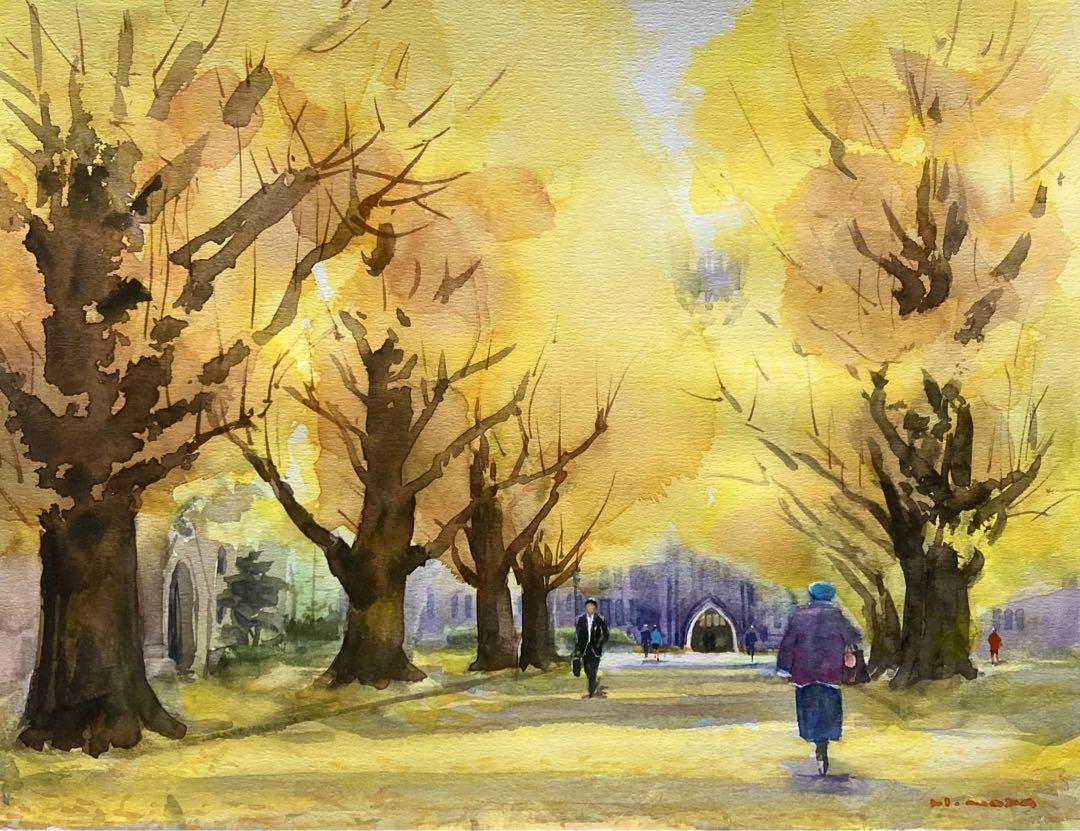 465＊東大銀杏並木　水彩画　原画　透明水彩
