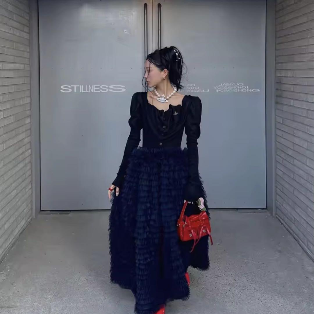 【即購入可】biby風　big volume tulle skirt ネイビー