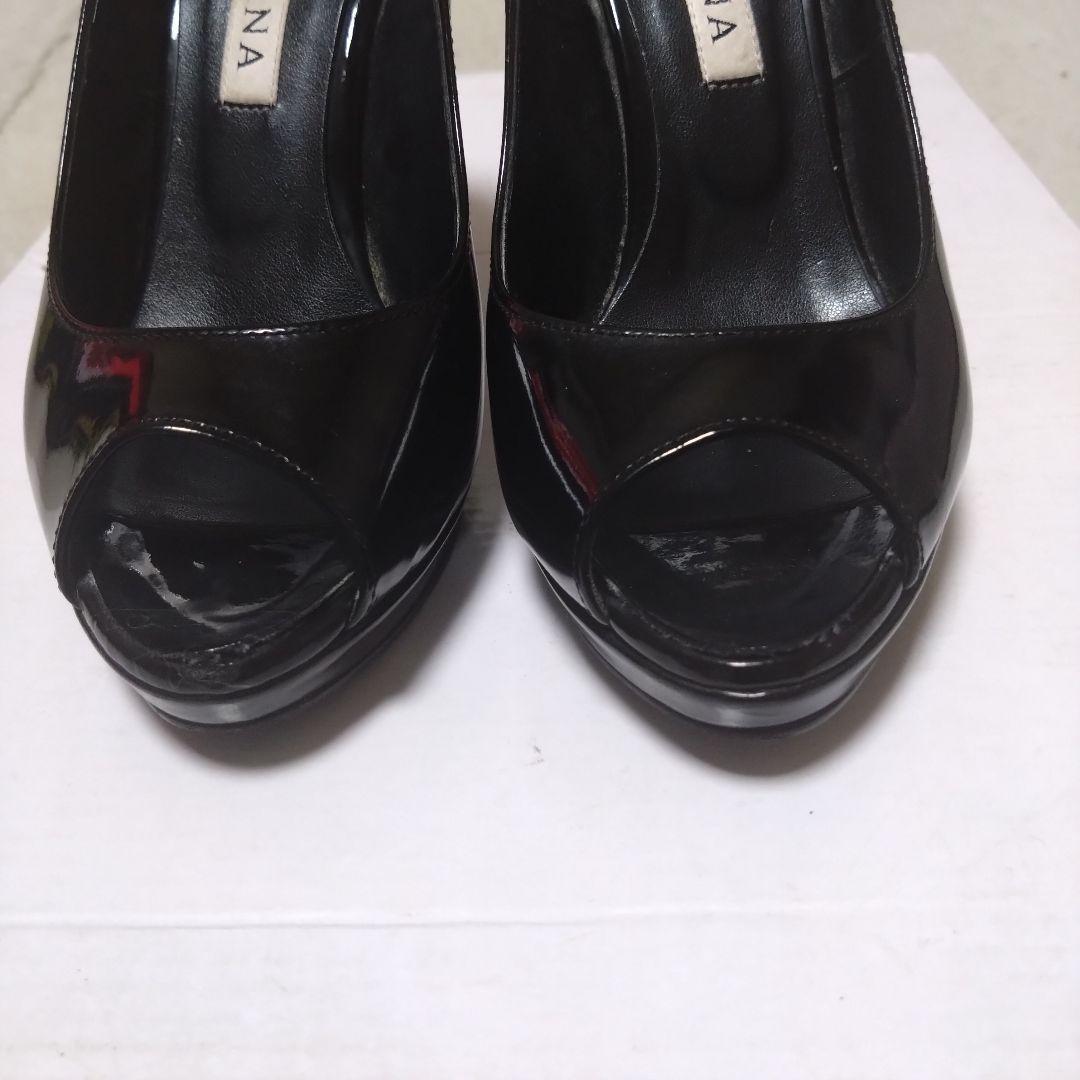 極美品 ダイアナ DIANA オープントゥ パンプス エナメル 黒 22.5