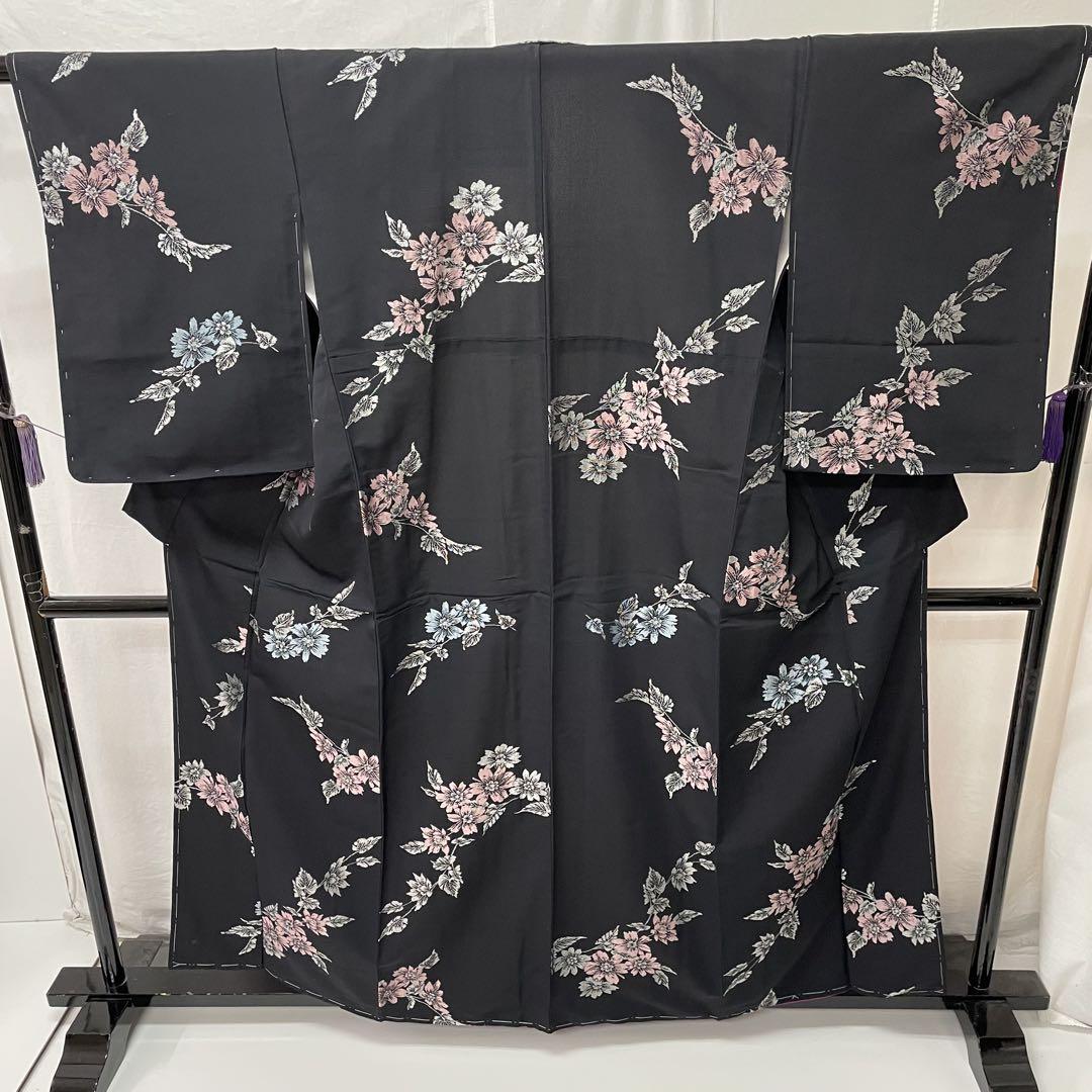 アンティーク 小紋 銀糸 刺繍 しつけ糸付き 華文様 正絹 A509