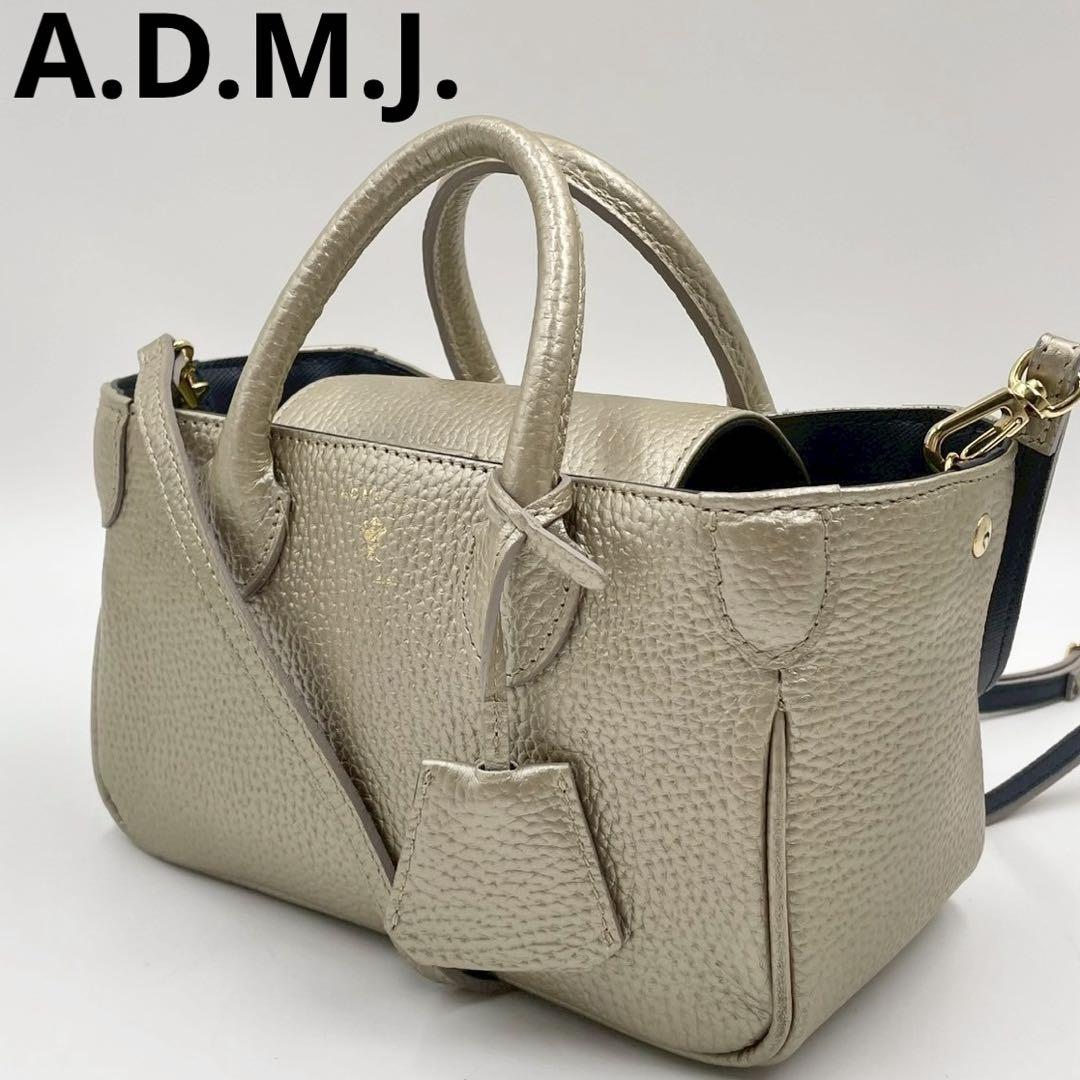 美品 A.D.M.J マイクロミニトート バッグ 2way ゴールド ロゴ