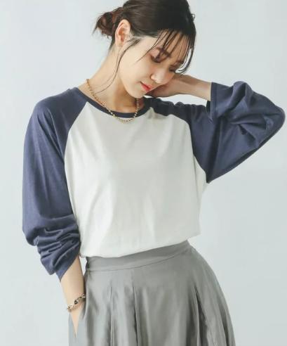 ホワイト/ネイビー ラグランTシャツ 七分袖