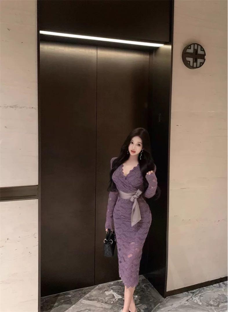 韓国 服 レディース ワンピース 紫 シアー 長袖 キャバドレス 花
