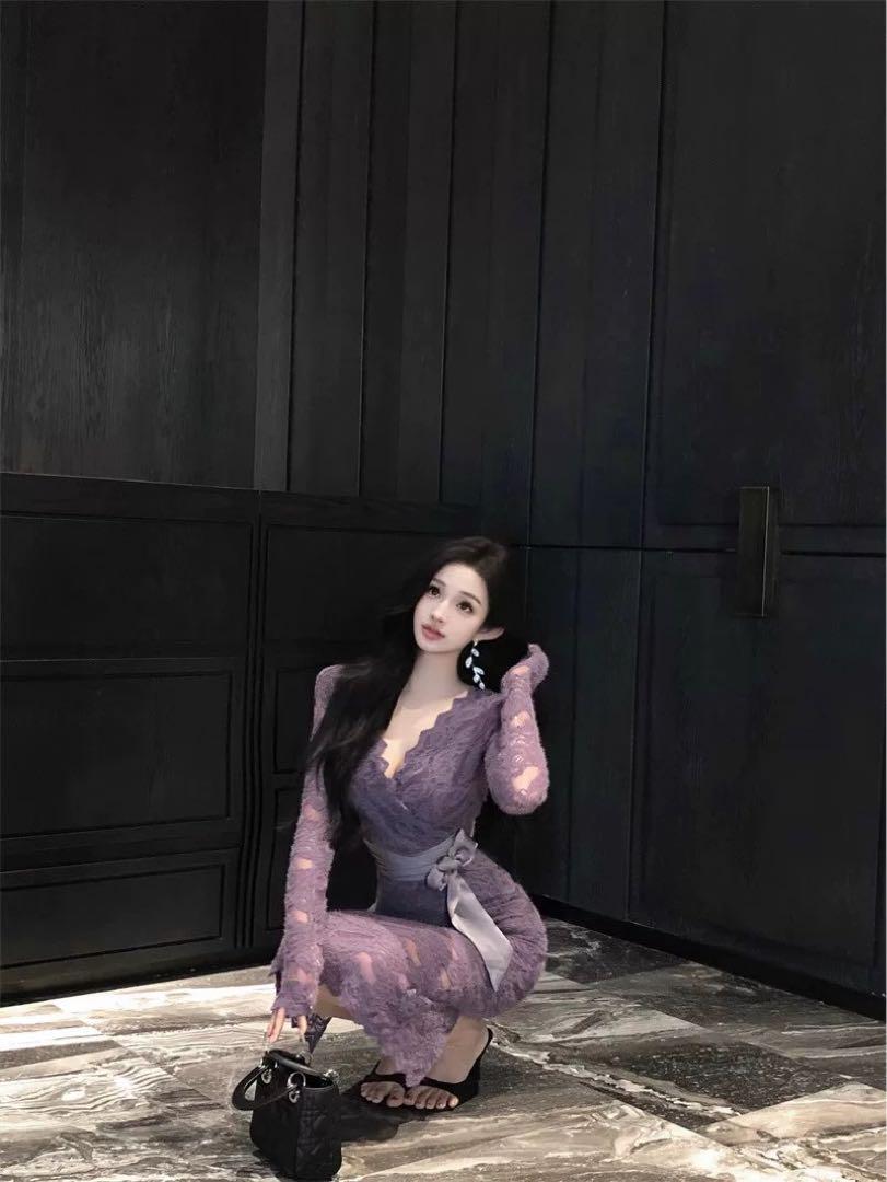 沸騰ブラドン 服 韓国 レディース 花 キャバドレス 長袖 シアー 紫 ワンピース スーツ・フォーマル・ドレス