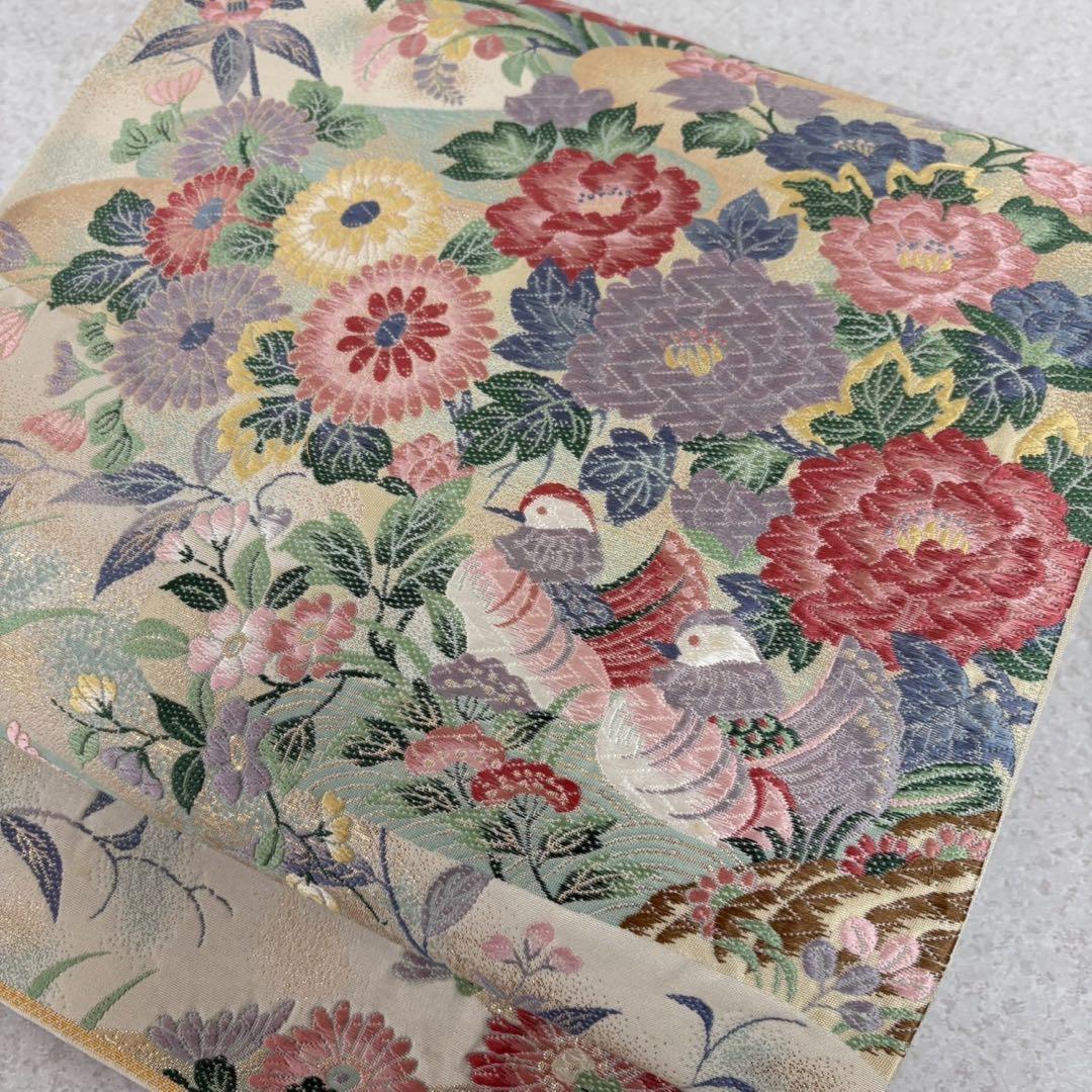【有名人芸能人】 袋帯 美しい花々唐織にオシドリ 正絹 AO-3229 着物・浴衣