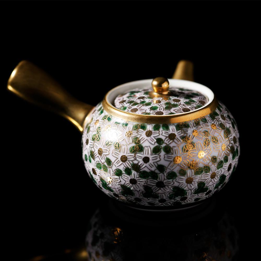 T　九谷焼　銘喜昭　急須　煎茶道具　陶器　花模様　光沢　高さ約6.5㎝　口径約６