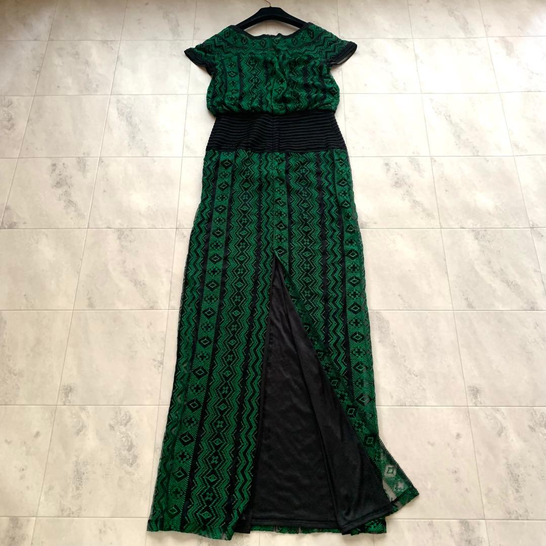 美品♡タダシショージ レース マキシ丈 ドレス ウエストマーク グリーン 0 美品♡タダシショージ レース マキシ丈 ドレス ウエストマーク グリーン 0