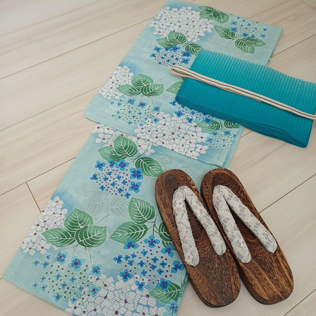新品 呉服屋 高級綿絽・紫陽花 大人清楚な夏着物 浴衣4点セット