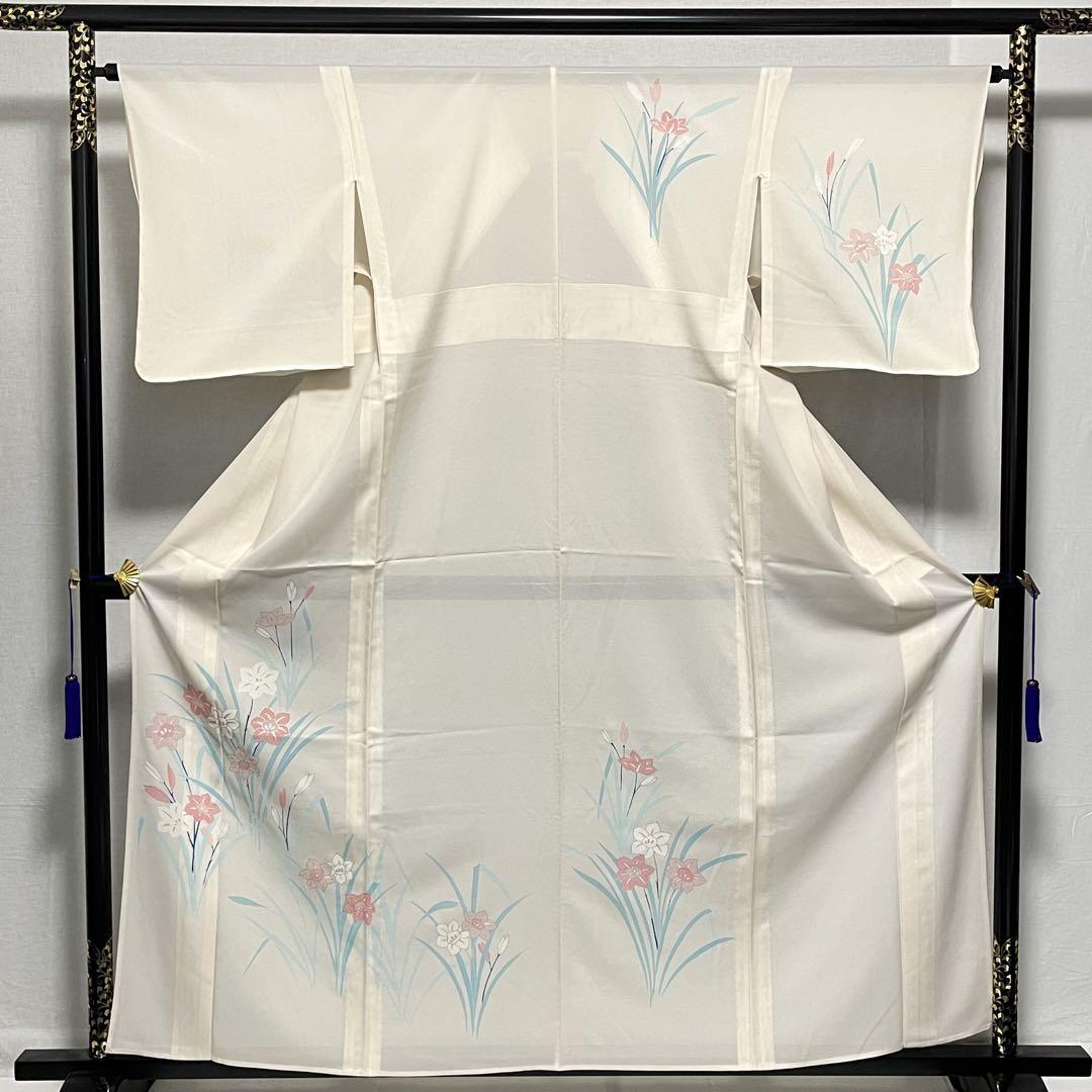 D170 夏着物　花模様　銀糸　白地　絽　正絹　未使用極美品