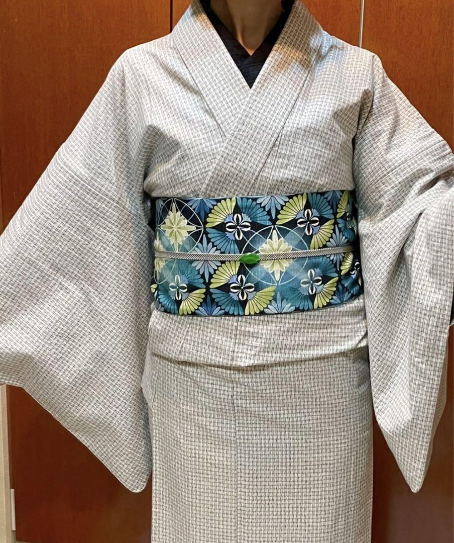 単衣　綿着物　木綿着物　身丈158㎝　裄長　格子チェック　白×黒
