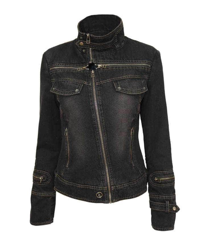 OPEN AESTHETIC Cross Zipper Denim Jacket SIZE