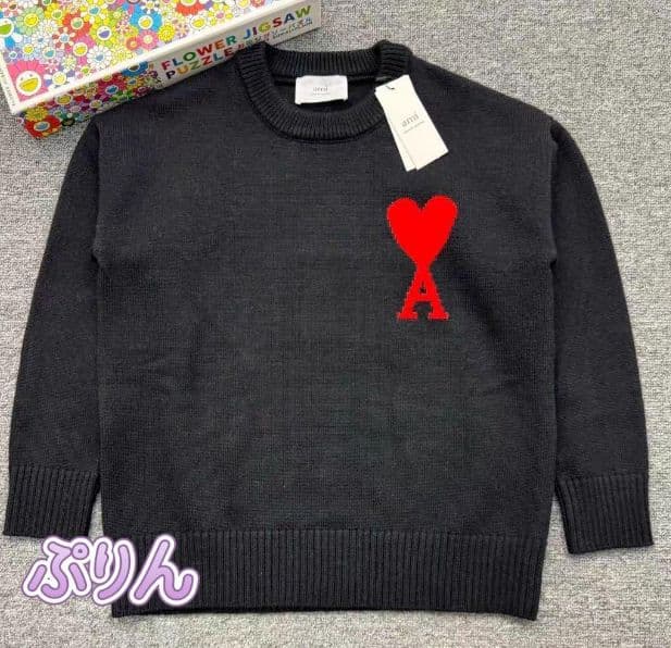 Ami Paris 男女兼用 ハート刺繍 ニットセーター 黒