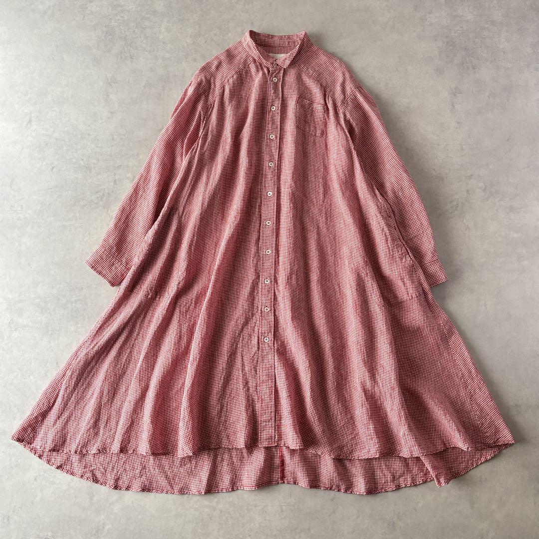 極美品　Haddow　麻100%　チェック　Aライン　ロングシャツワンピース