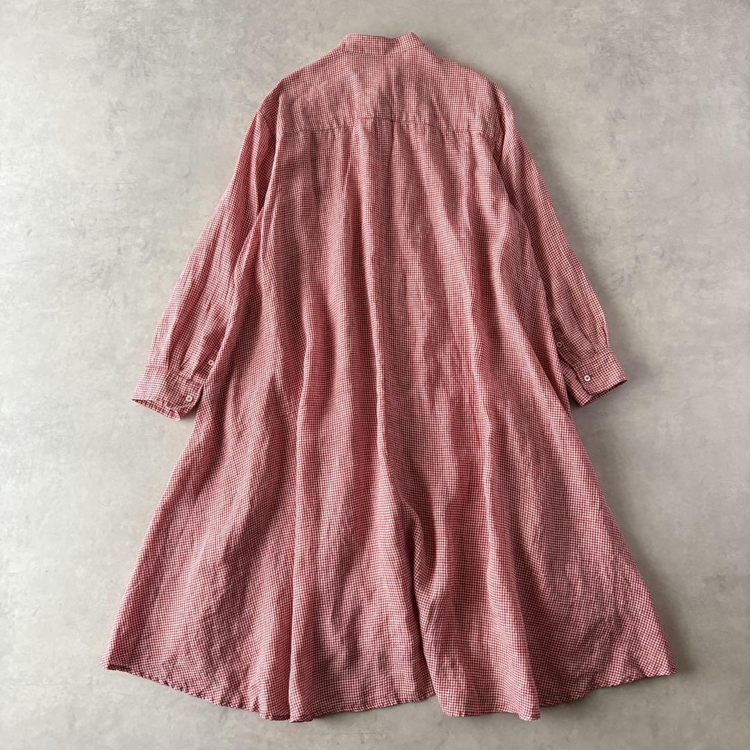 極美品　Haddow　麻100%　チェック　Aライン　ロングシャツワンピース