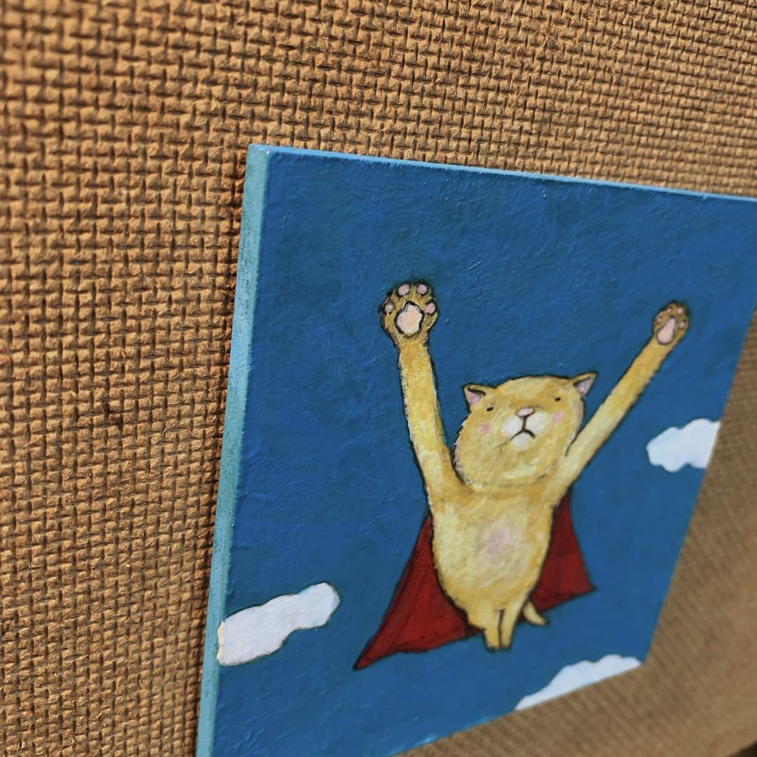 赤綿　絵画　アート　赤いマントの黒猫 価格固定 自作絵画 空飛ぶ赤いマント ⭐︎ 猫の絵