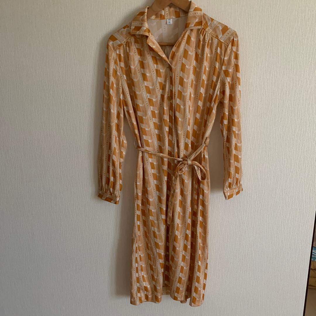 オレンジ系 柄シャツワンピースM