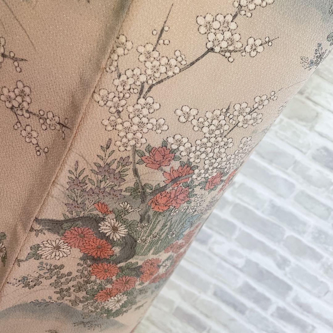 単衣 小紋フルセット 四季草花 縮緬 薄橙色 着物 H7 - メルカリ