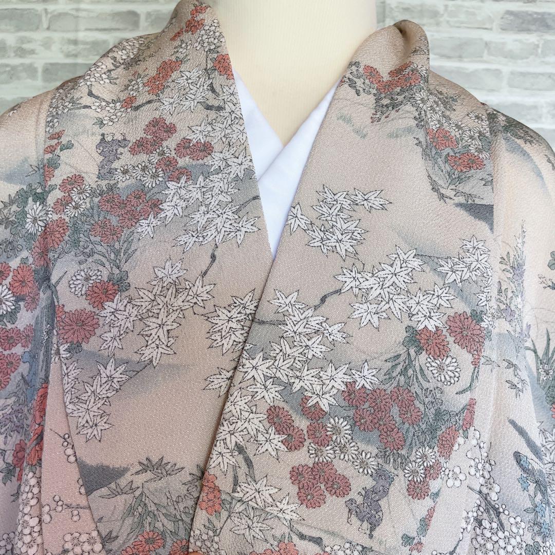 単衣 小紋フルセット 四季草花 縮緬 薄橙色 着物 H7 - メルカリ