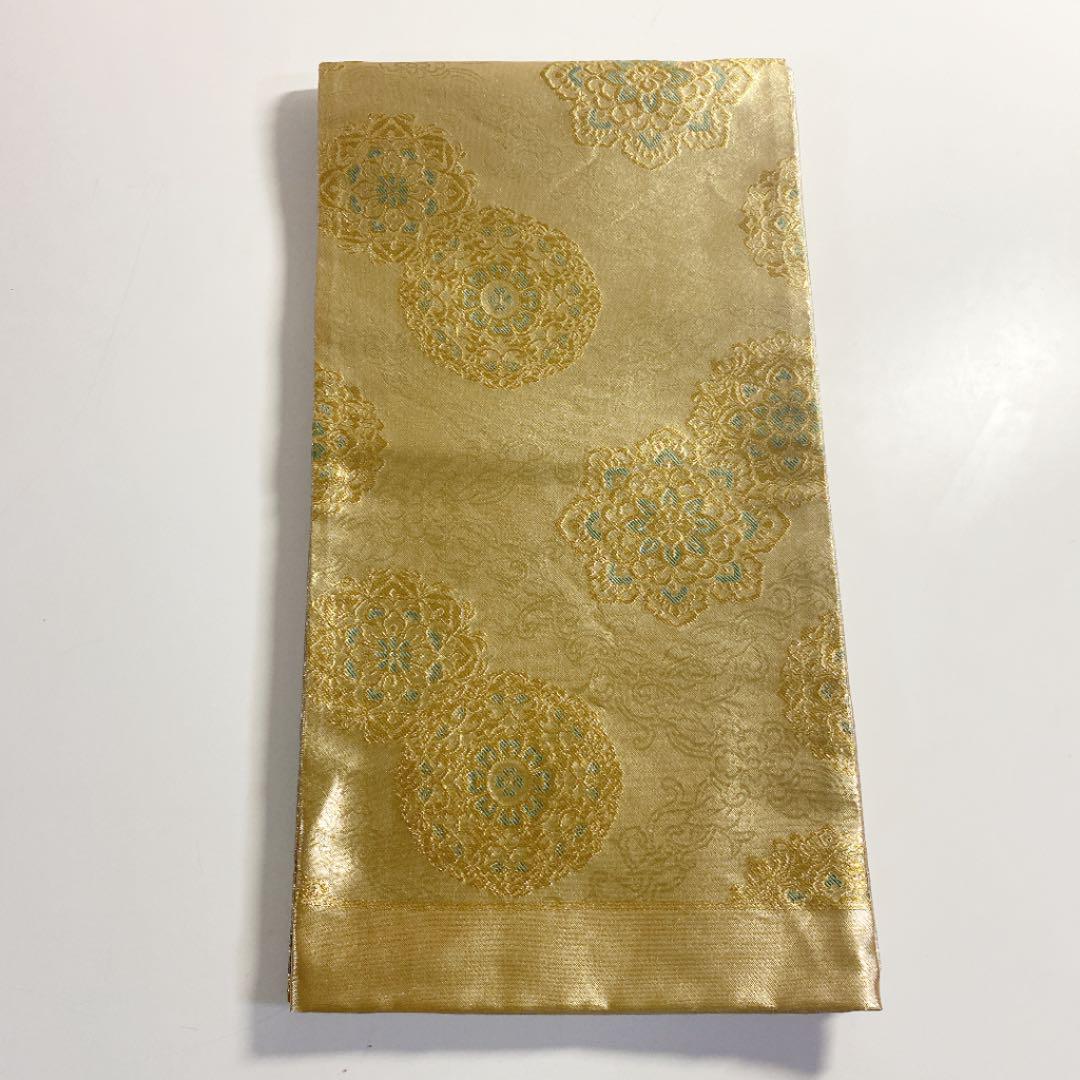 在庫あ国産 m1950 袋帯 絹 金属糸使用 着物 金色 緑 柄物 和装 I5nVM-m37777342230 正規品セール