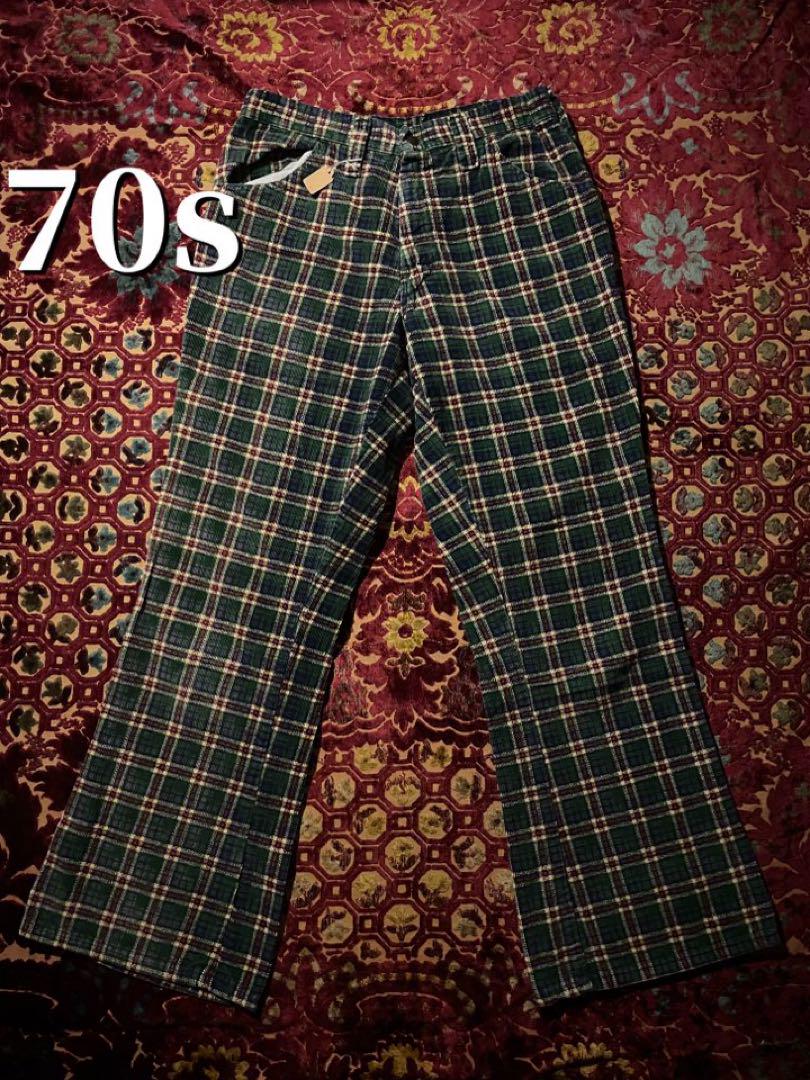 70s チェック柄 フレアパンツ コーデュロイ グリーン