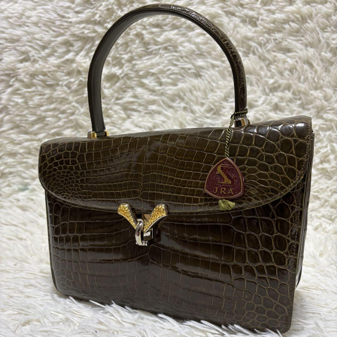 ✨️美品 JRAタグ付き センター取り クロコ ハンドバッグ 希少カラー 穿孔