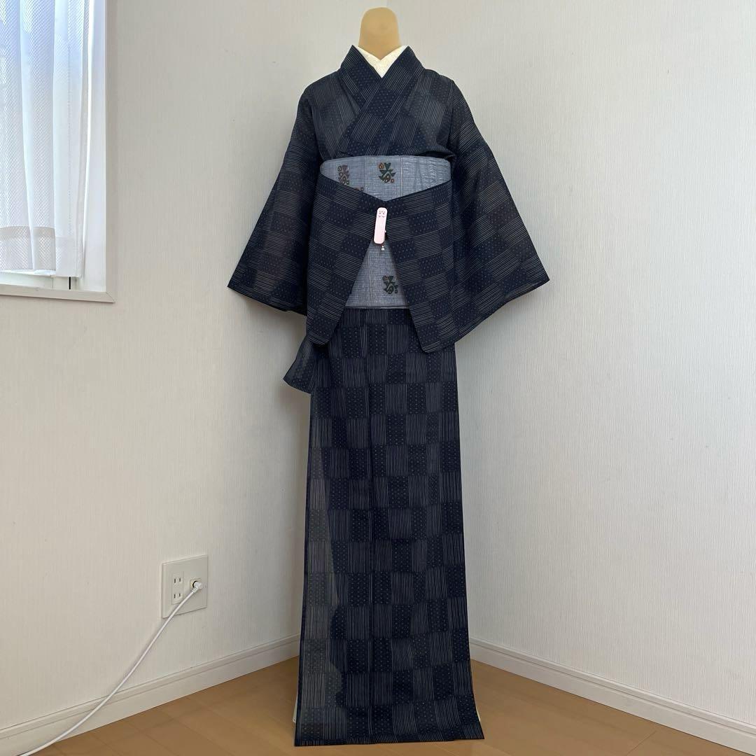 夏着物 洗える小紋 紗紬風 ネイビー系 市松取り 絣模様 M 夏物