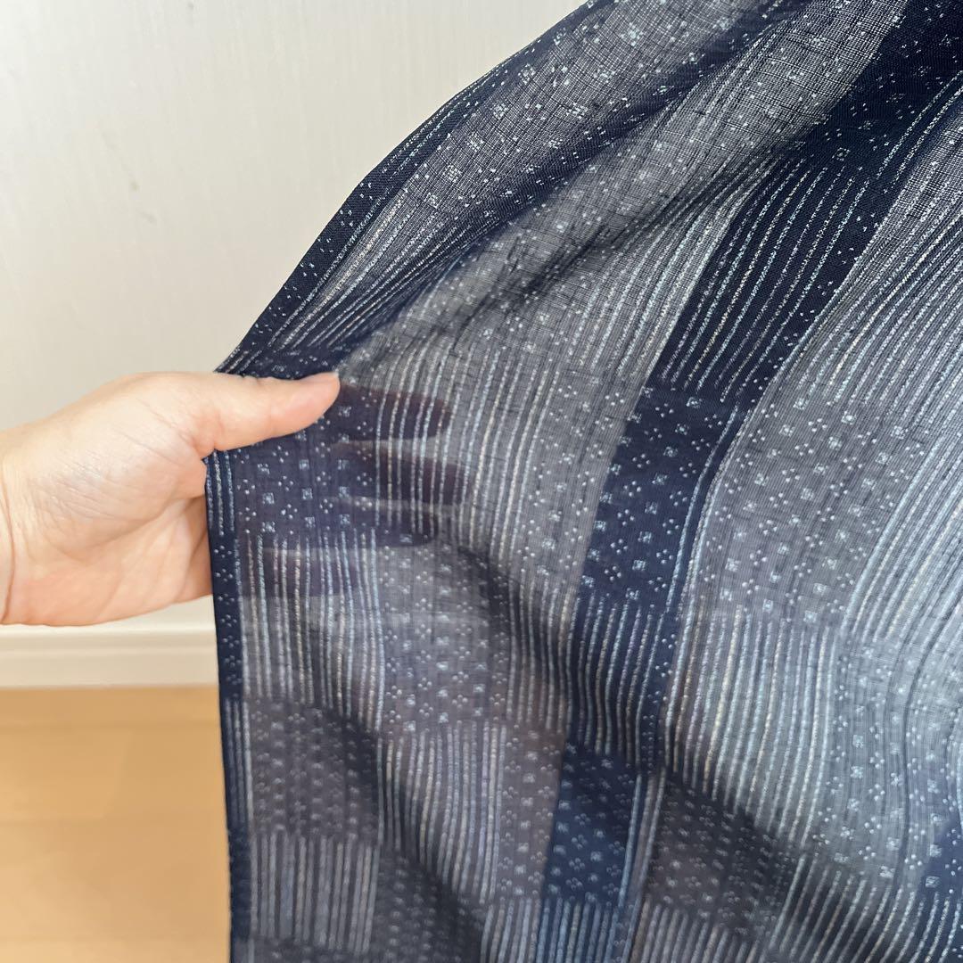 夏着物 洗える小紋 紗紬風 ネイビー系 市松取り 絣模様 M 夏物