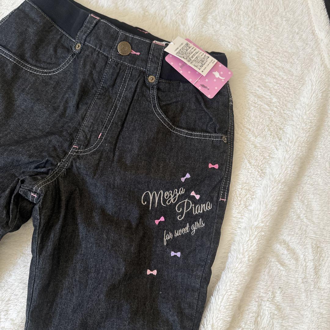 ⭐︎新品タグ付⭐︎メゾピアノ 150ブラックデニム裏起毛 リボン刺繍パンツ
