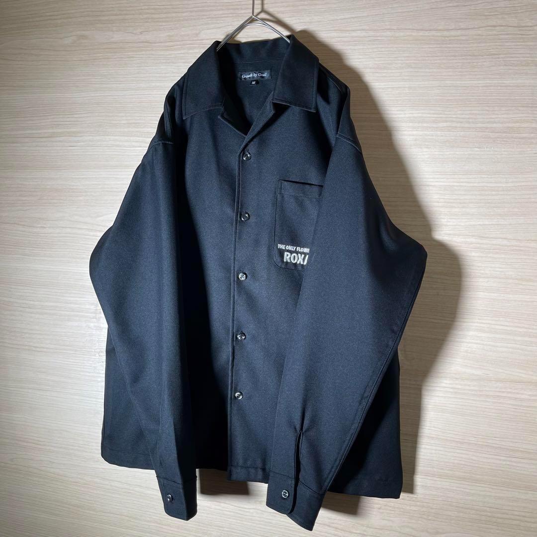 バラ刺繍 長袖シャツ ポリ L オープンカラー 英ロゴ 黒 ヴィンテージ 古着