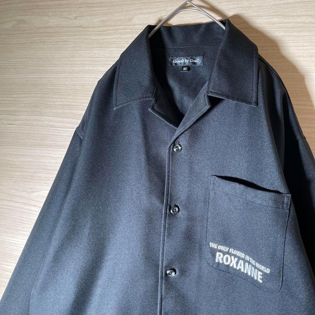 バラ刺繍 長袖シャツ ポリ L オープンカラー 英ロゴ 黒 ヴィンテージ 古着