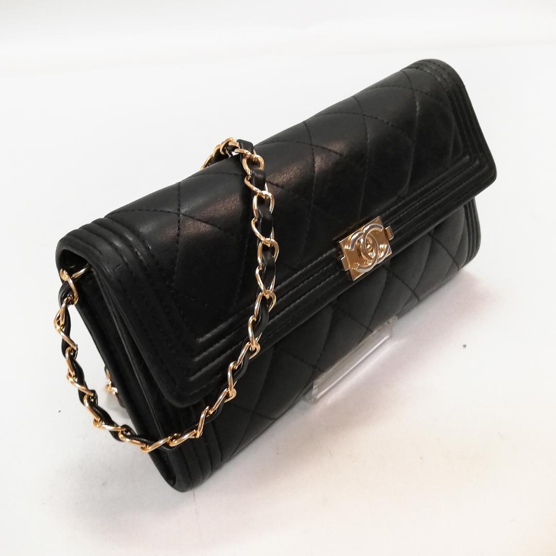 【良品】CHANEL（シャネル）ボーイシャネル ラムスキン 長財布　黒×金 良品】CHANEL（シャネル）ボーイシャネル ラムスキン 長財布 黒