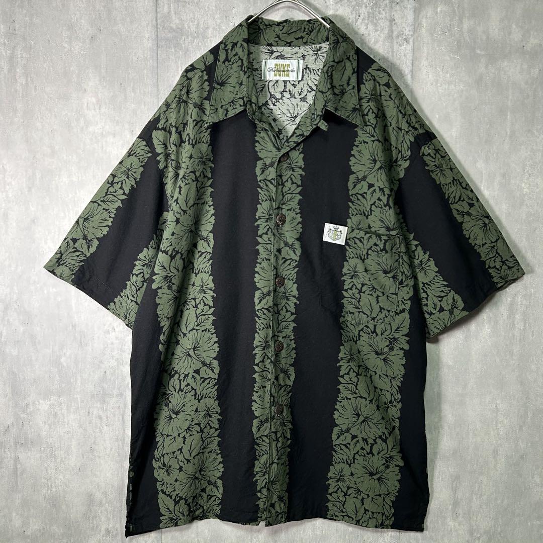 DUKE kahanamoku アロハシャツ 開襟 総柄 黒 緑 木ボタン