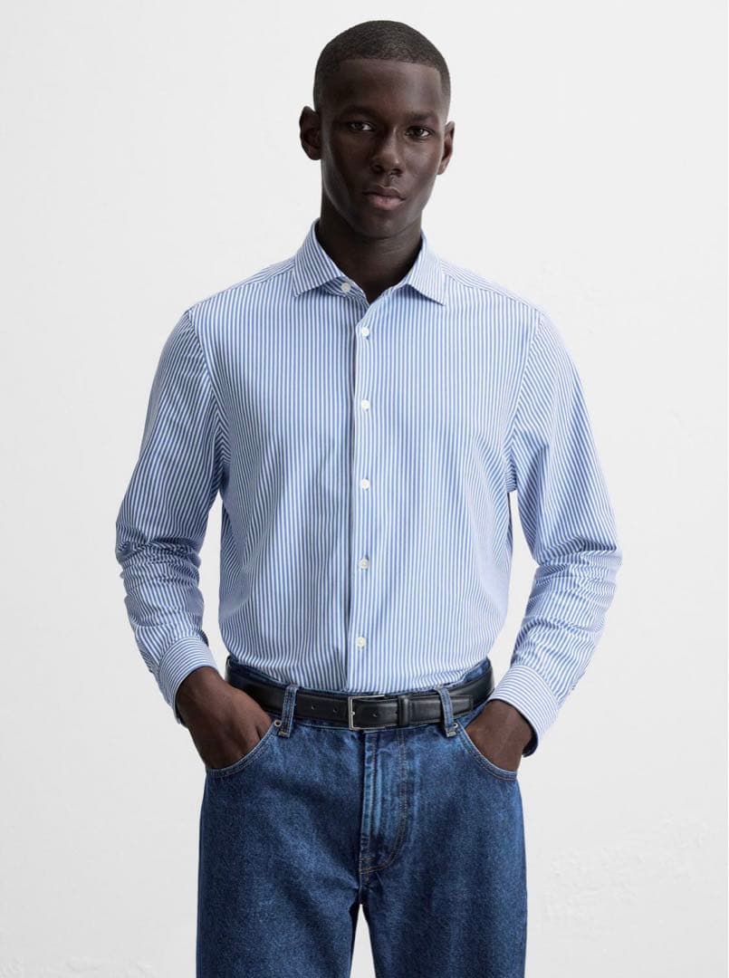 新品 ZARA ストライプ ストレッチ シャツ長袖シャツ タグ付き