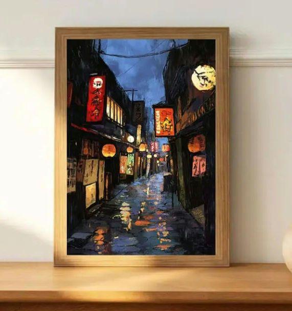 夜の街並み 風景画 抽象画アートキャンバス 60cm x 40cm
